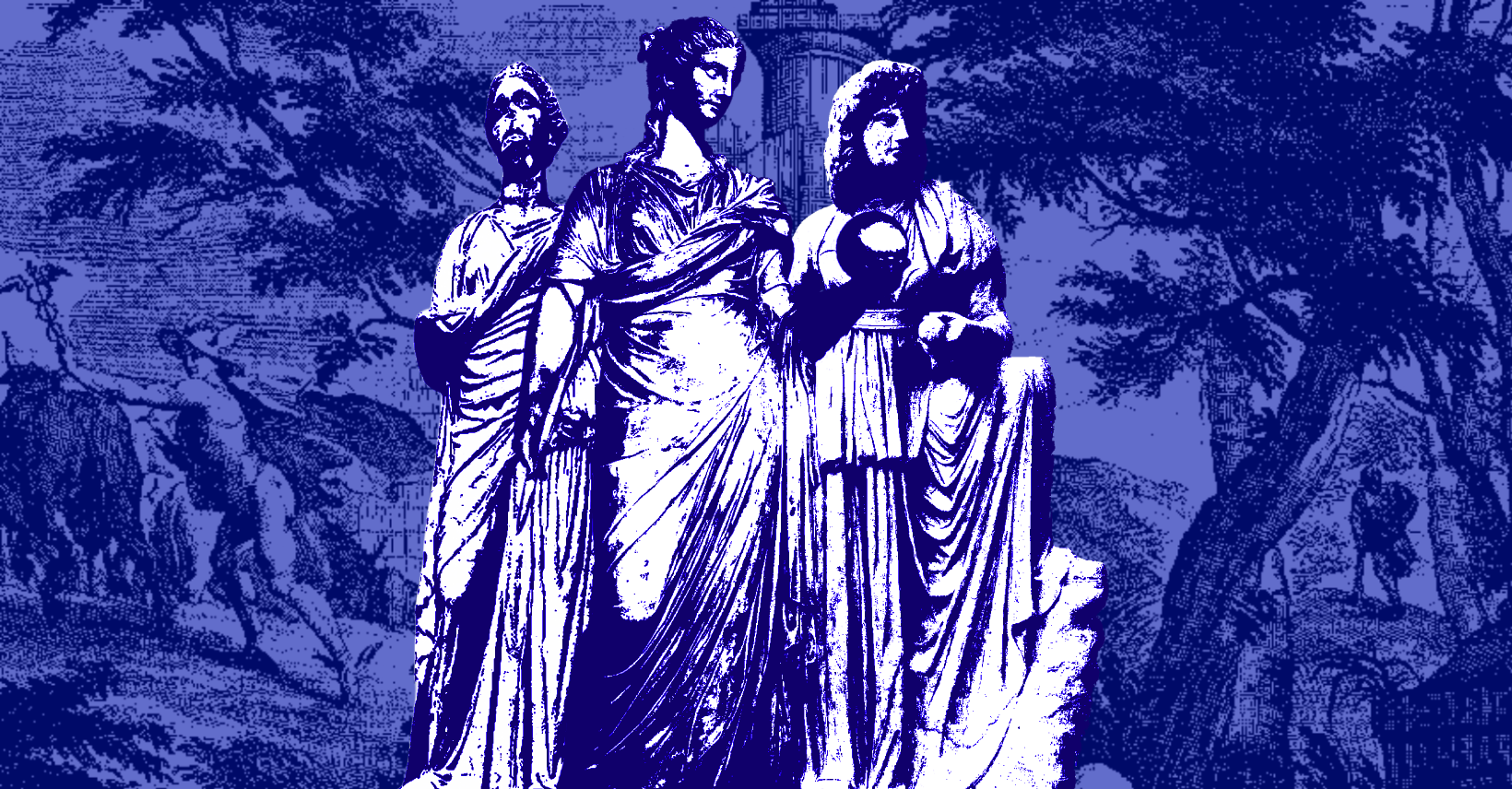 Classical robed figures, blue duotone engraving